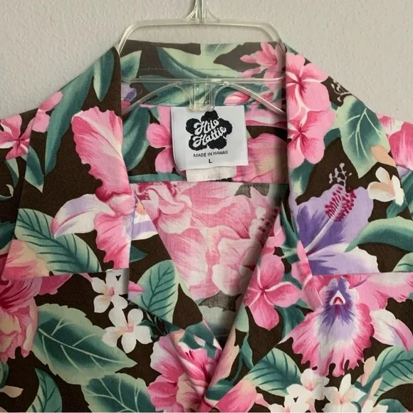 Vintage Hilo Hattie Pink Floral Hawaiian Shirt Men's Large Cotton Rayon Made USA - Picture 3 of 8